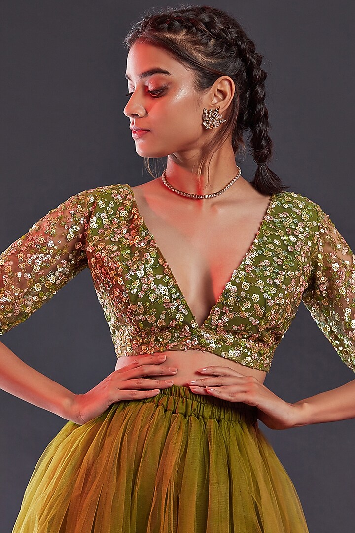 Olive Polyester Mesh Embroidered Crop Top For Girls by Phatakaa Mini at Pernia's Pop Up Shop