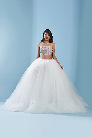 White Polyester Mesh Embroidered Crop Top For Girls by Phatakaa Mini