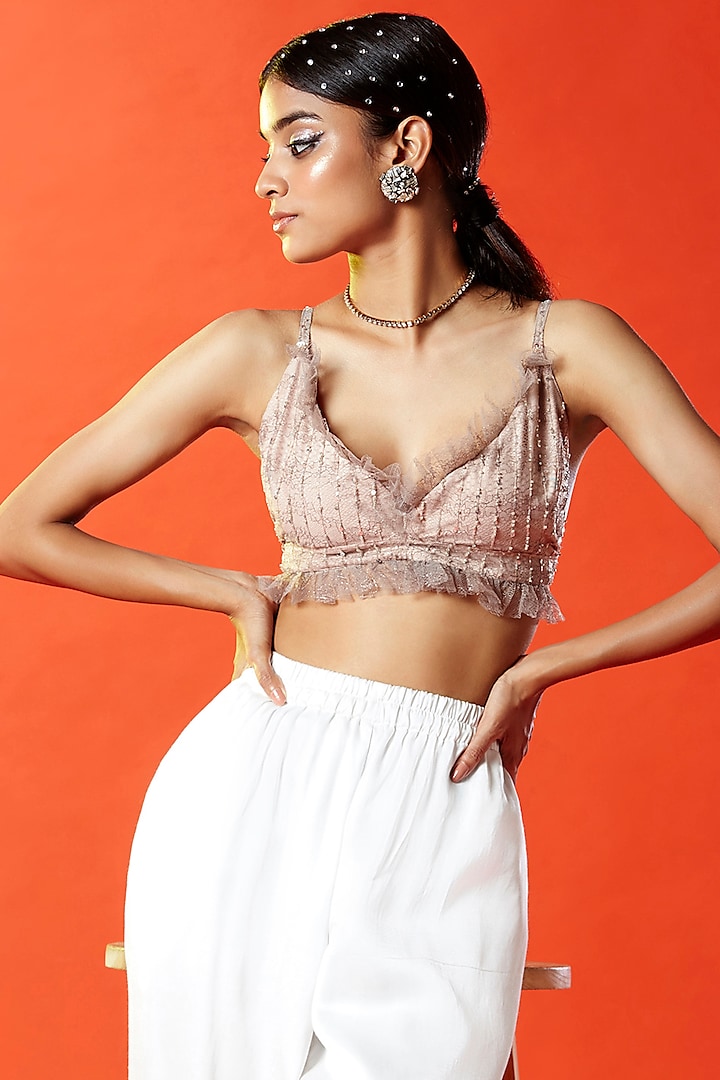 Gold Polyester Mesh Embellished Bralette For Girls Design by Phatakaa Mini  at Pernia's Pop Up Shop 2024