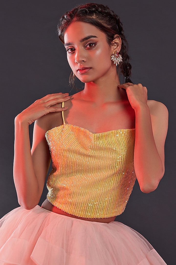Lemon Polyester Mesh Embellished Crop Top For Girls by Phatakaa Mini at Pernia's Pop Up Shop