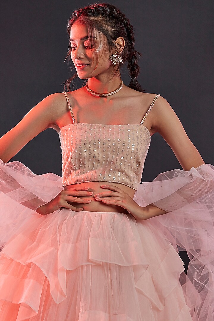 Blush Pink Polyester Mesh Embellished Crop Top For Girls by Phatakaa Mini at Pernia's Pop Up Shop
