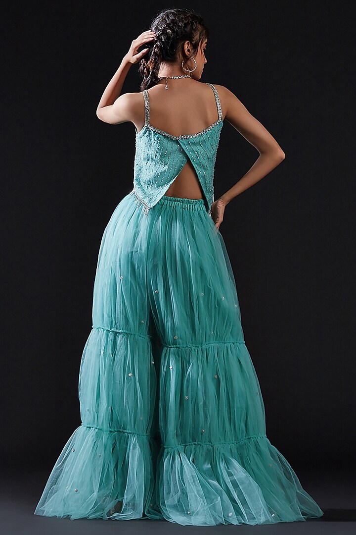 Blue Mesh & Tulle Embellished Crop Top For Girls by Phatakaa Mini at Pernia's Pop Up Shop