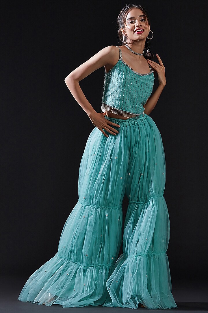Blue Mesh & Tulle Embellished Crop Top For Girls by Phatakaa Mini at Pernia's Pop Up Shop