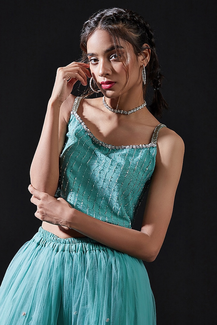 Blue Mesh & Tulle Embellished Crop Top For Girls by Phatakaa Mini at Pernia's Pop Up Shop