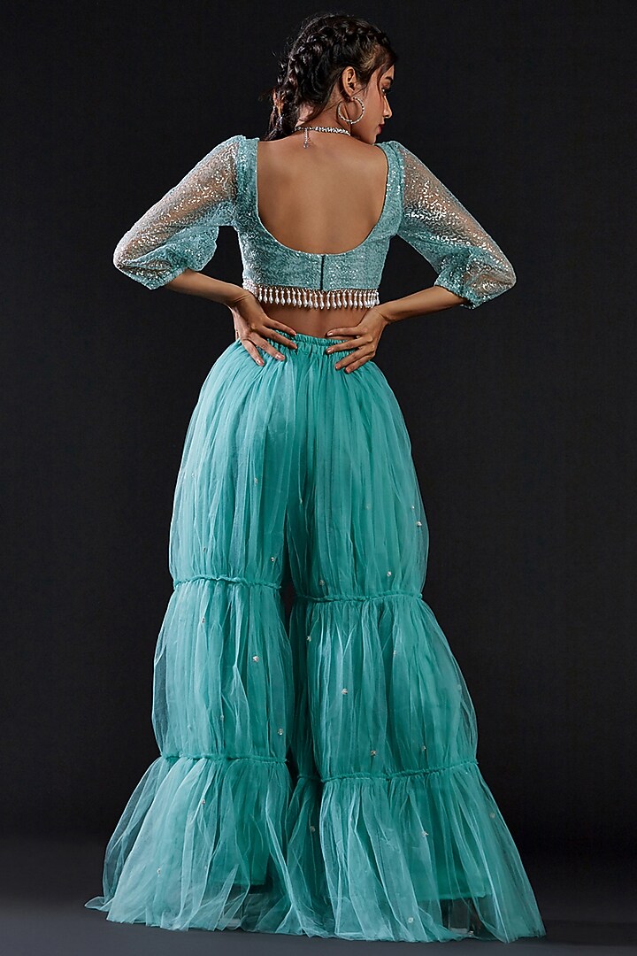 Blue Mesh & Tulle Embellished Crop Top For Girls by Phatakaa Mini at Pernia's Pop Up Shop