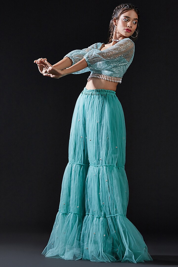 Blue Mesh & Tulle Embellished Crop Top For Girls by Phatakaa Mini at Pernia's Pop Up Shop