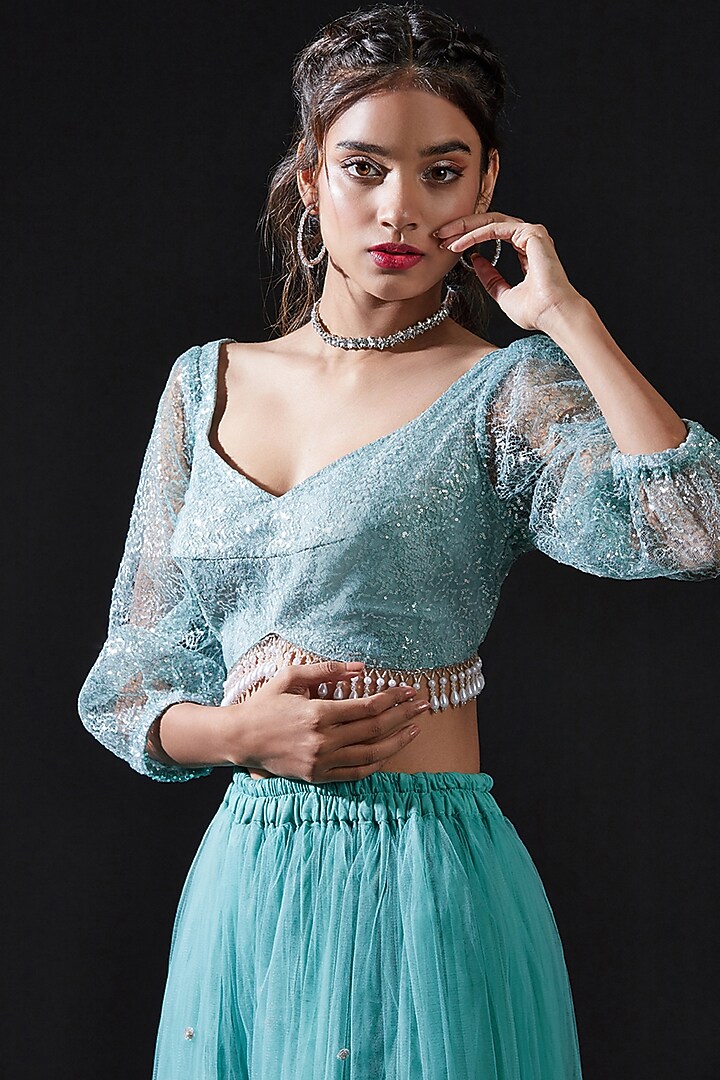 Blue Mesh & Tulle Embellished Crop Top For Girls by Phatakaa Mini at Pernia's Pop Up Shop