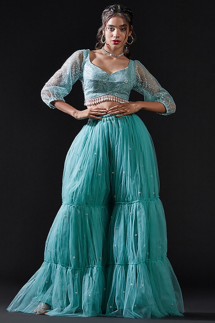 Blue Mesh & Tulle Embellished Sharara Set For Girls by Phatakaa Mini at Pernia's Pop Up Shop