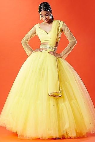 Lemon Yellow Tulle Hand Embroidered Lehenga Set For Girls by Phatakaa Mini