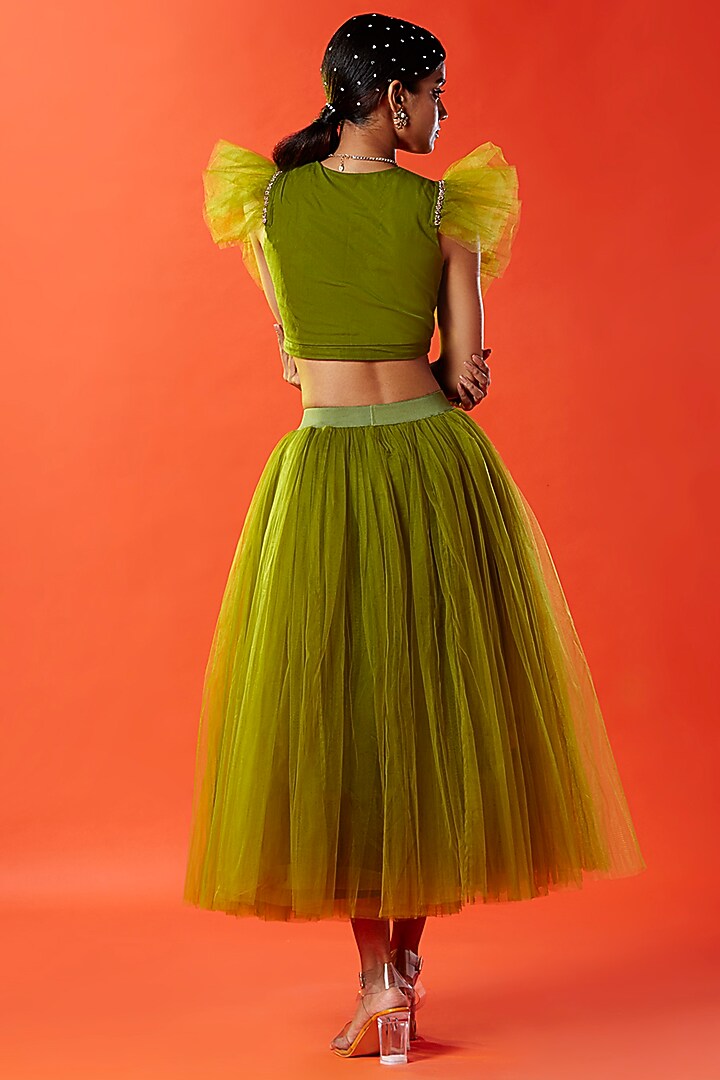Olive Green Hand Embroidered Crop Top For Girls by Phatakaa Mini at Pernia's Pop Up Shop