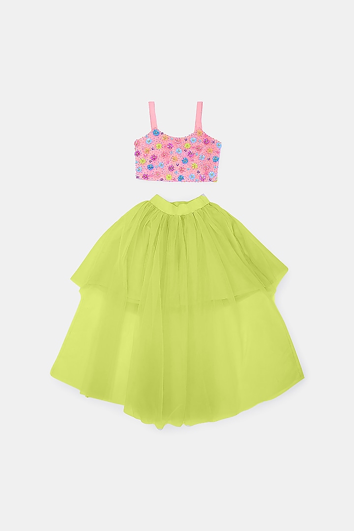 Lime Green Tulle Lehenga Set For Girls by Phatakaa Mini at Pernia's Pop Up Shop