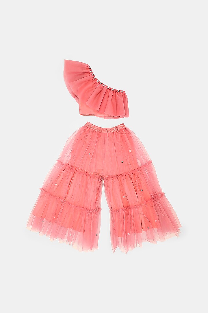 Red Tulle Sharara Set For Girls by Phatakaa Mini at Pernia's Pop Up Shop