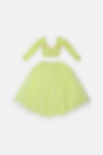 Green Tulle Tiered Lehenga Set For Girls by Phatakaa Mini at Pernia's Pop Up Shop