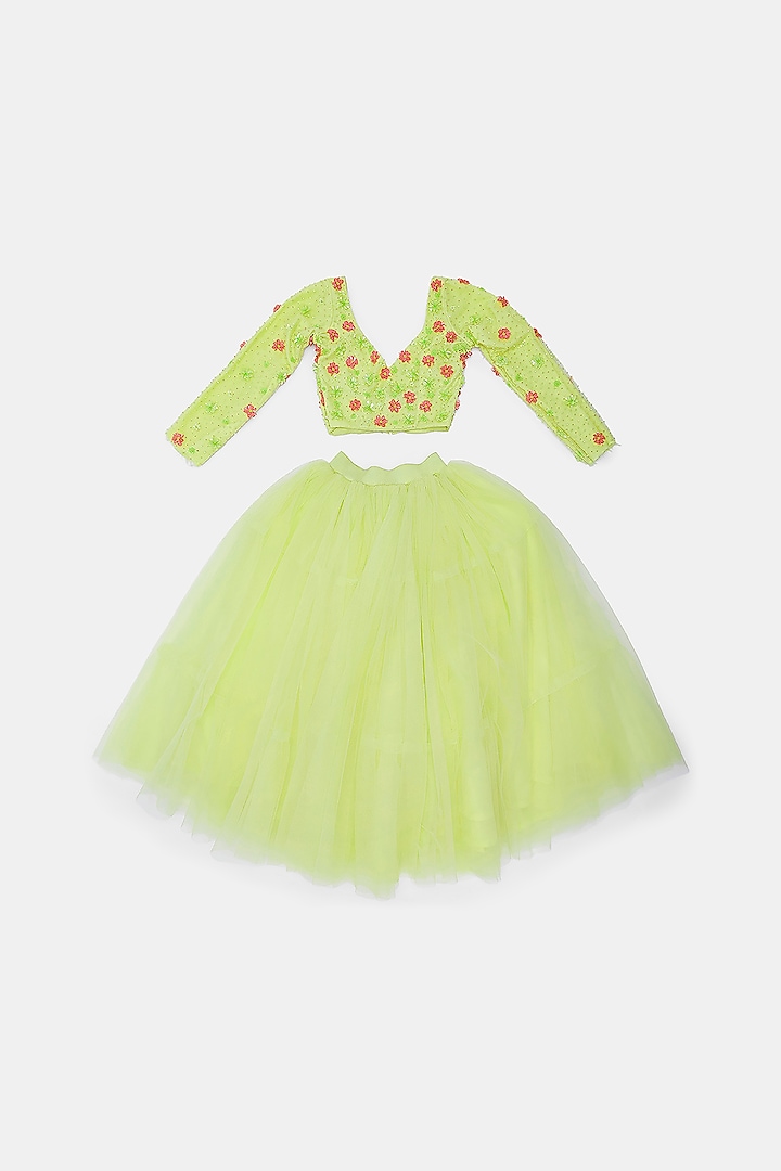 Green Tulle Tiered Lehenga Set For Girls by Phatakaa Mini at Pernia's Pop Up Shop