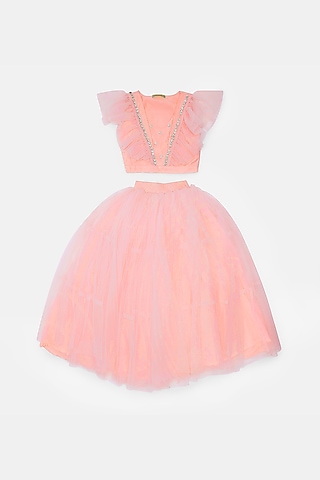 Peach Tulle Lehenga Set For Girls by Phatakaa Mini