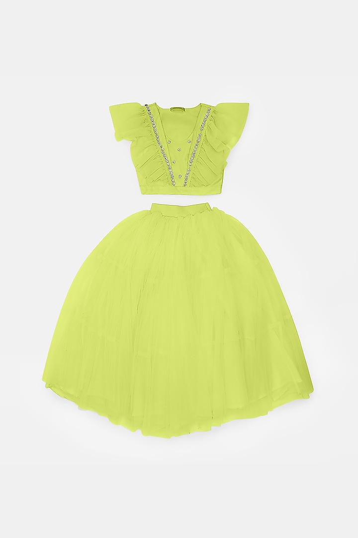 Green Tulle Lehenga Set For Girls by Phatakaa Mini at Pernia's Pop Up Shop