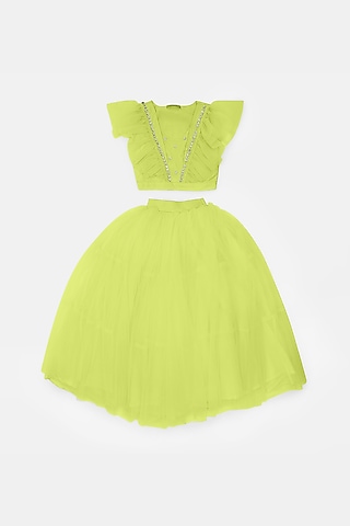 Green Tulle Lehenga Set For Girls by Phatakaa Mini