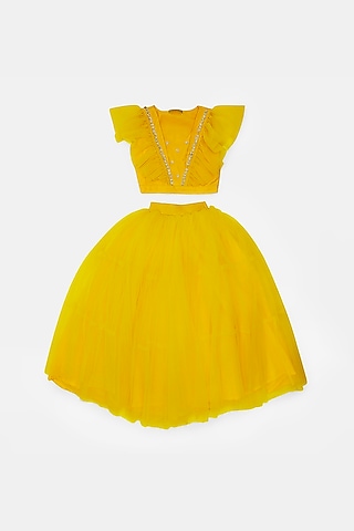Mustard Tulle Lehenga Set For Girls by Phatakaa Mini