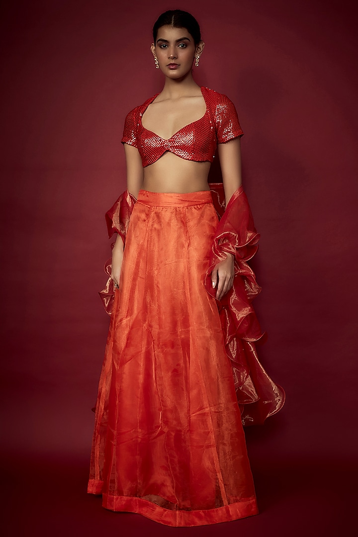 Orange Organza Lehenga Set For Girls by Phatakaa Mini at Pernia's Pop Up Shop