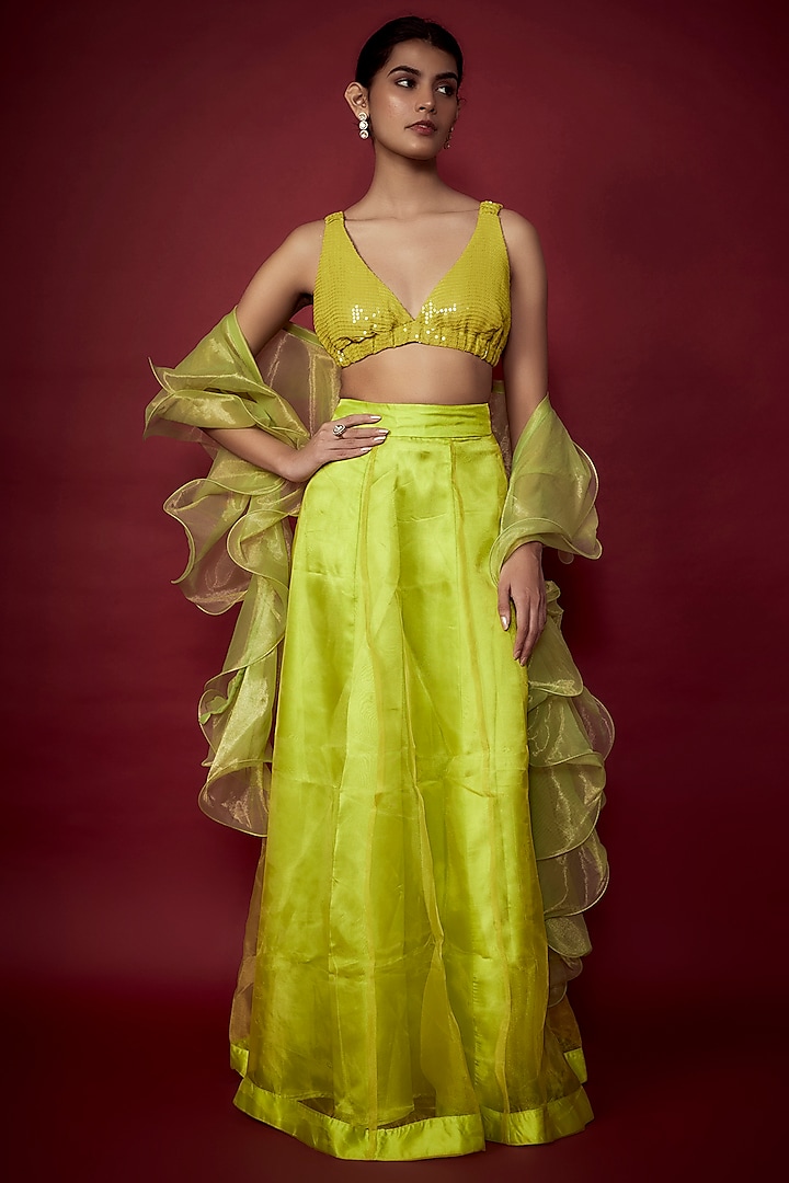 Lime Organza Lehenga Set For Girls by Phatakaa Mini at Pernia's Pop Up Shop