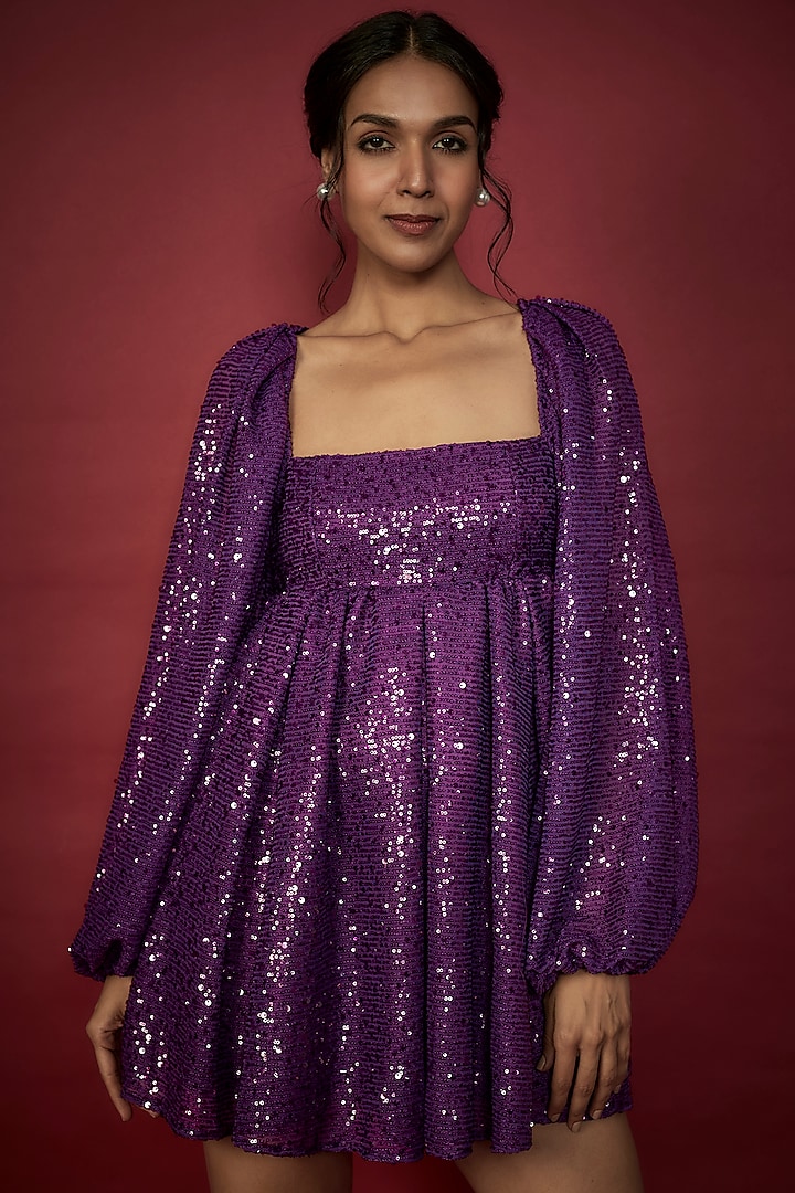 Purple Recycled Polyester Sequins Embroidered Dress For Girls by Phatakaa Mini at Pernia's Pop Up Shop