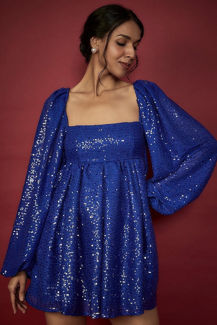 Navy Blue Recycled Polyester Sequins Embroidered Dress For Girls by Phatakaa Mini at Pernia's Pop Up Shop