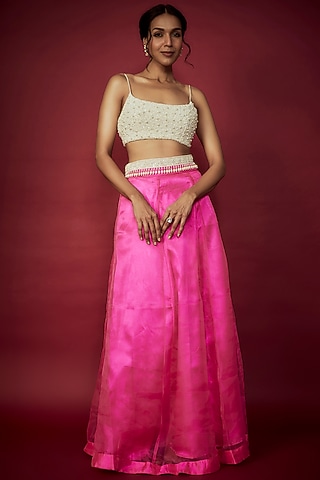 Neon Pink Organza Lehenga Set For Girls by Phatakaa Mini