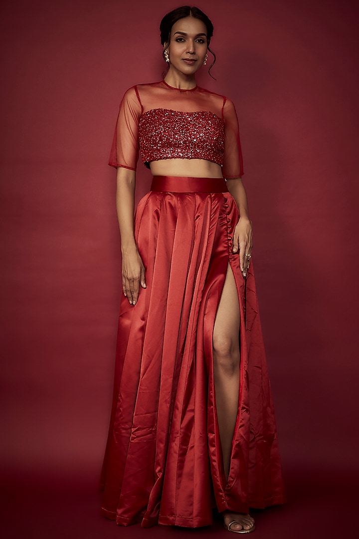 Deep Red Heavy Satin Lehenga Set For Girls by Phatakaa Mini at Pernia's Pop Up Shop