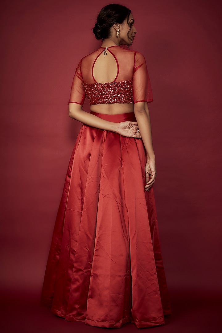Deep Red Heavy Satin Lehenga Set For Girls by Phatakaa Mini at Pernia's Pop Up Shop