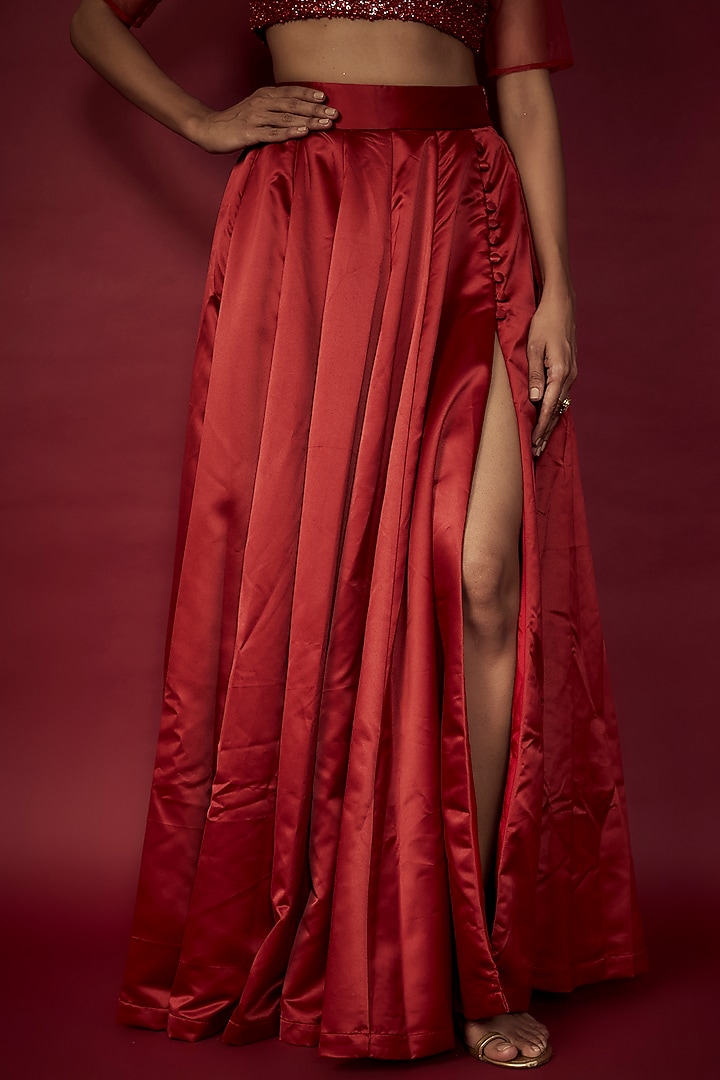 Deep Red Heavy Satin Lehenga Set For Girls by Phatakaa Mini at Pernia's Pop Up Shop