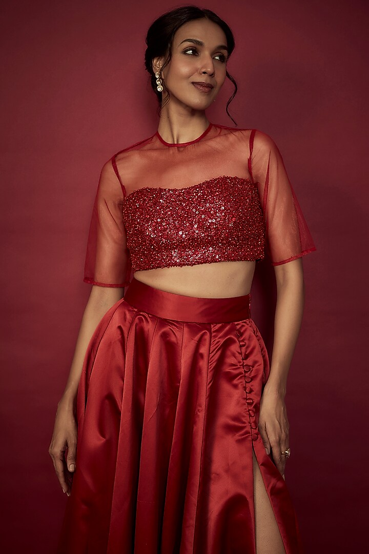 Deep Red Heavy Satin Lehenga Set For Girls by Phatakaa Mini at Pernia's Pop Up Shop