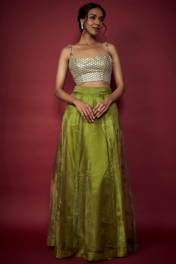 Olive Green Organza Lehenga Set For Girls by Phatakaa Mini at Pernia's Pop Up Shop