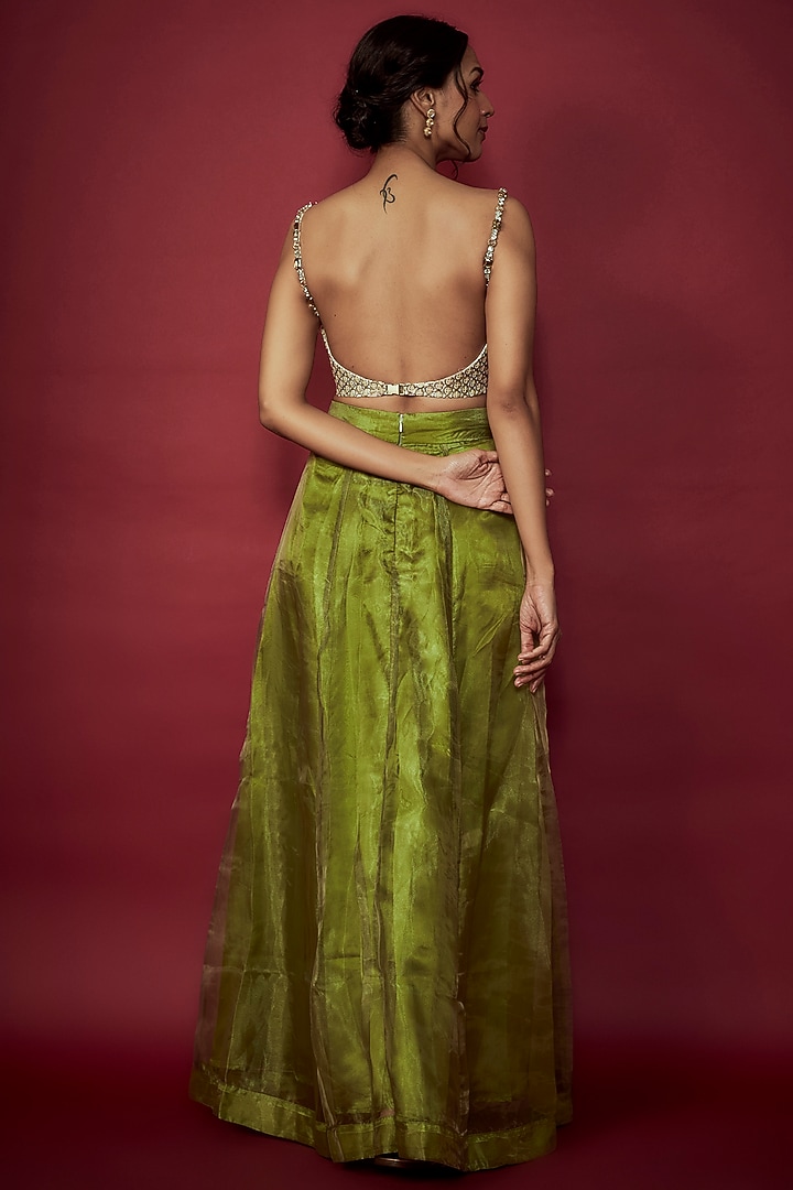 Olive Green Organza Lehenga Set For Girls by Phatakaa Mini at Pernia's Pop Up Shop