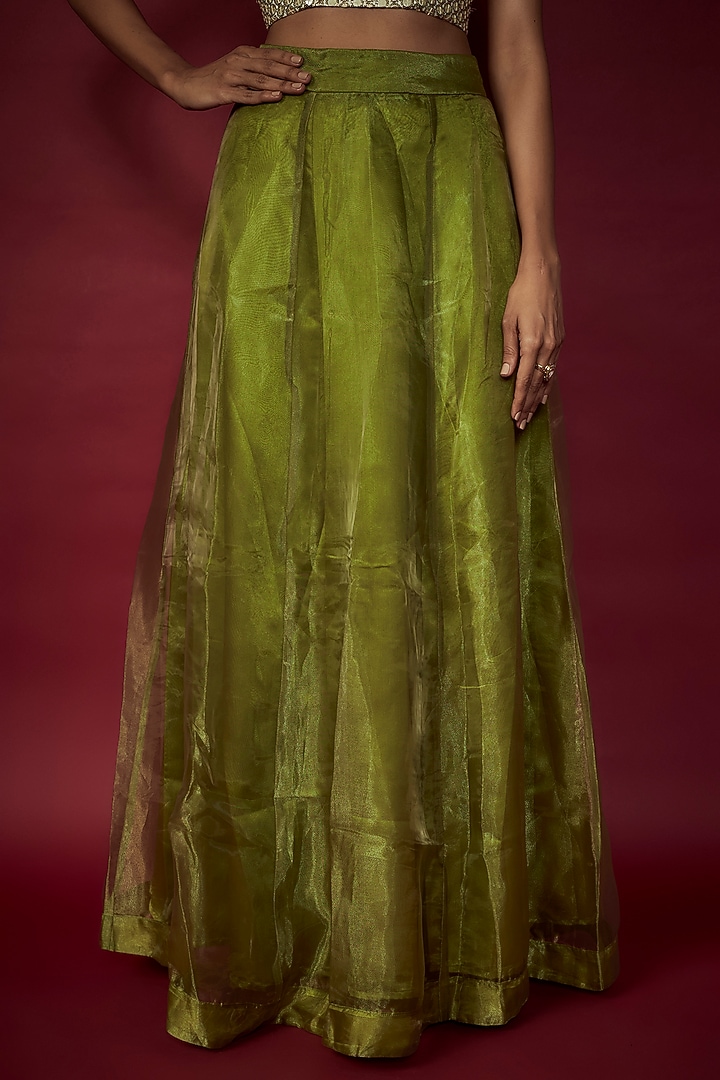 Olive Green Organza Lehenga Set For Girls by Phatakaa Mini at Pernia's Pop Up Shop
