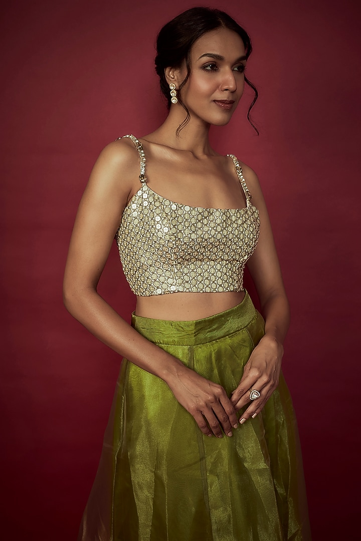 Olive Green Organza Lehenga Set For Girls by Phatakaa Mini at Pernia's Pop Up Shop