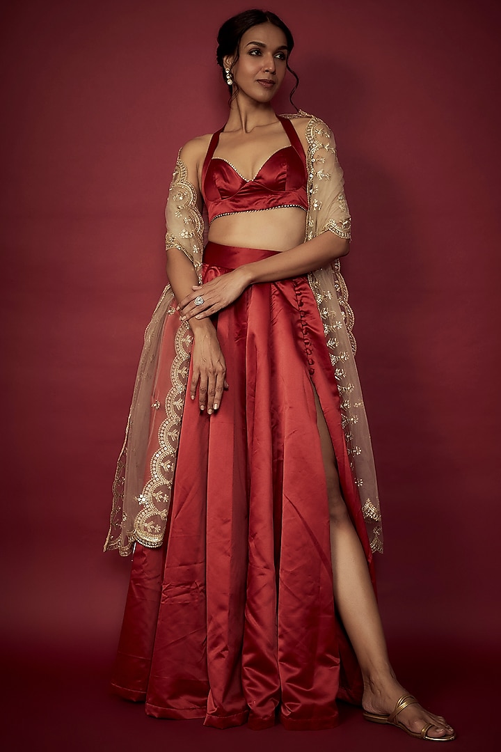 Deep Red Heavy Satin Lehenga Set For Girls by Phatakaa Mini at Pernia's Pop Up Shop