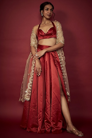 Deep Red Heavy Satin Lehenga Set For Girls by Phatakaa Mini