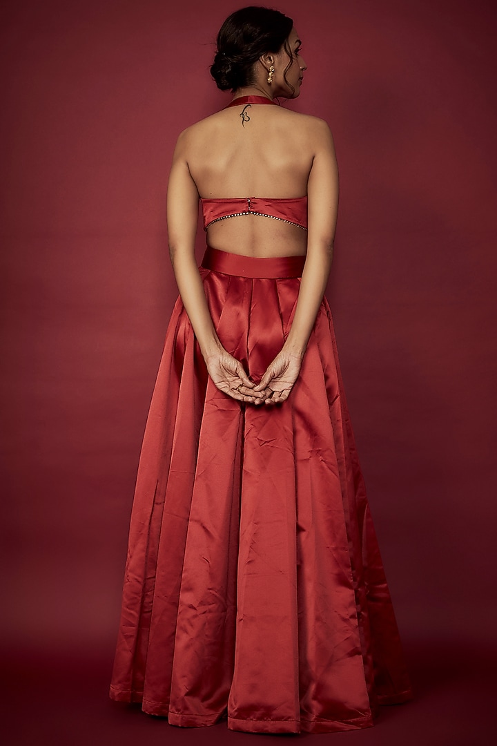 Deep Red Heavy Satin Lehenga Set For Girls by Phatakaa Mini at Pernia's Pop Up Shop