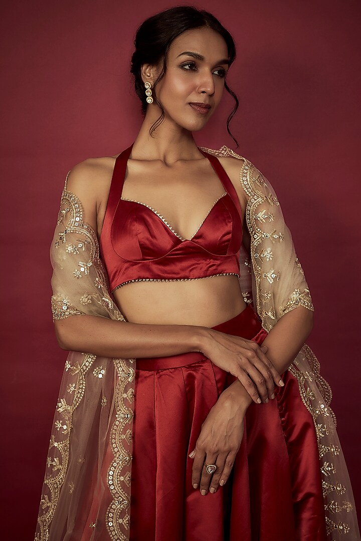 Deep Red Heavy Satin Lehenga Set For Girls by Phatakaa Mini at Pernia's Pop Up Shop