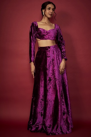 Purple Velvet Lehenga Set For Girls by Phatakaa Mini