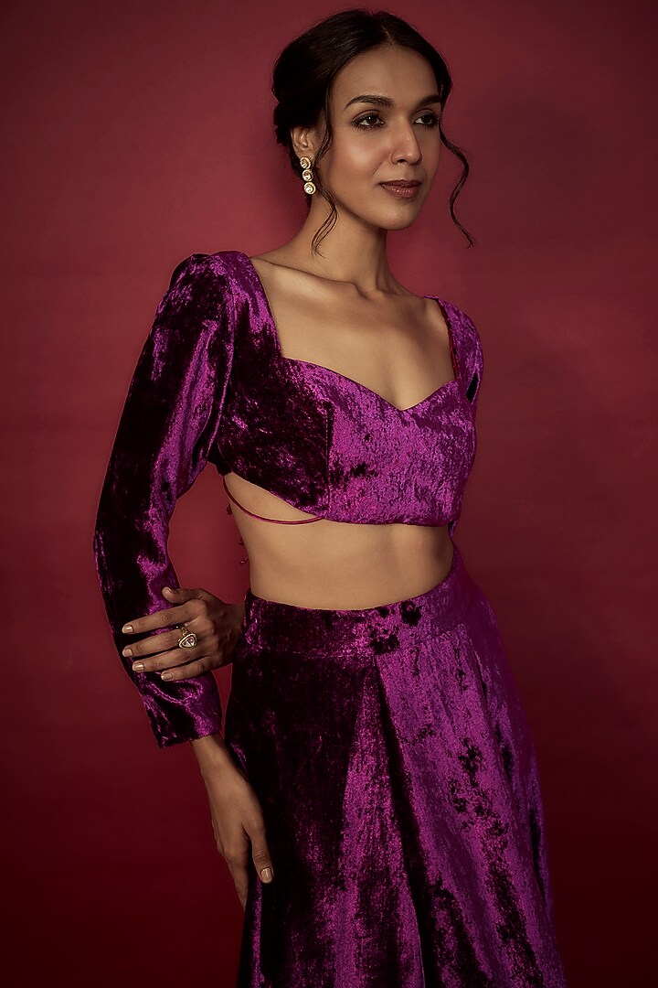 Purple Velvet Lehenga Set For Girls by Phatakaa Mini at Pernia's Pop Up Shop