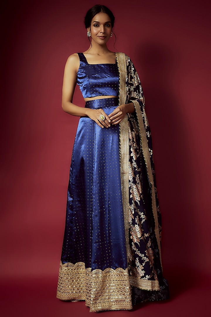 Navy Blue Recycled Polyester Printed Lehenga Set For Girls by Phatakaa Mini at Pernia's Pop Up Shop