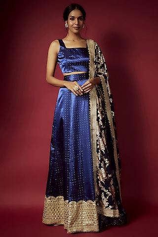 Navy Blue Recycled Polyester Printed Lehenga Set For Girls by Phatakaa Mini
