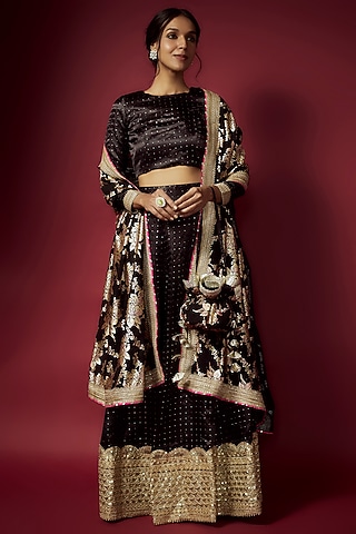 Black Recycled Polyester Printed Lehenga Set For Girls by Phatakaa Mini