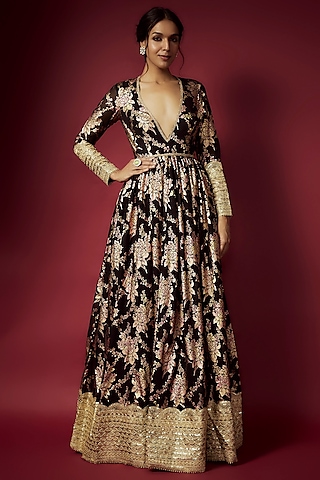 Black Recycled Polyester Foil Printed Gown For Girls by Phatakaa Mini