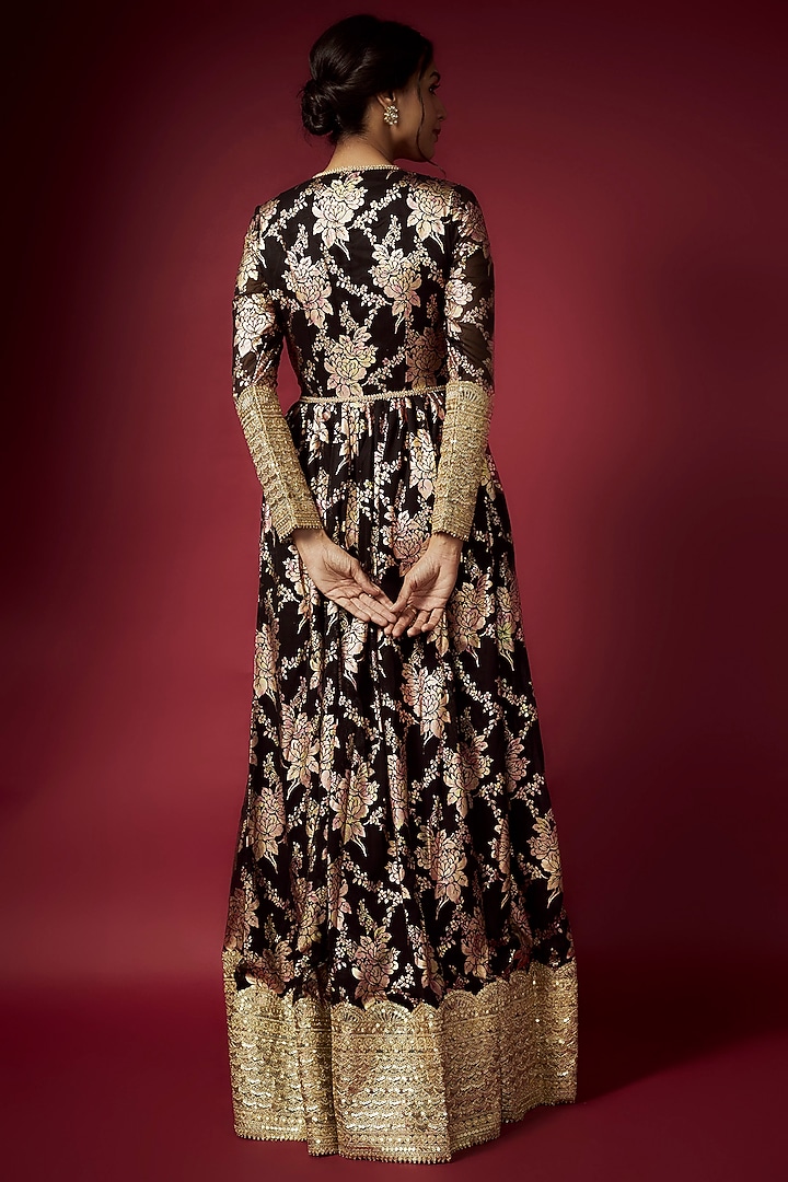 Black Recycled Polyester Foil Printed Gown For Girls by Phatakaa Mini at Pernia's Pop Up Shop