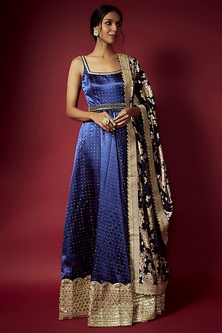 Navy Blue Recycled Polyester Foil Printed Gown With Dupatta For Girls by Phatakaa Mini