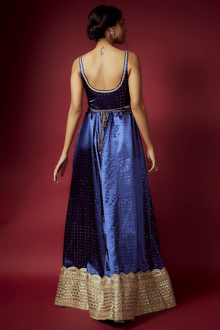 Navy Blue Recycled Polyester Foil Printed Gown With Dupatta For Girls by Phatakaa Mini at Pernia's Pop Up Shop