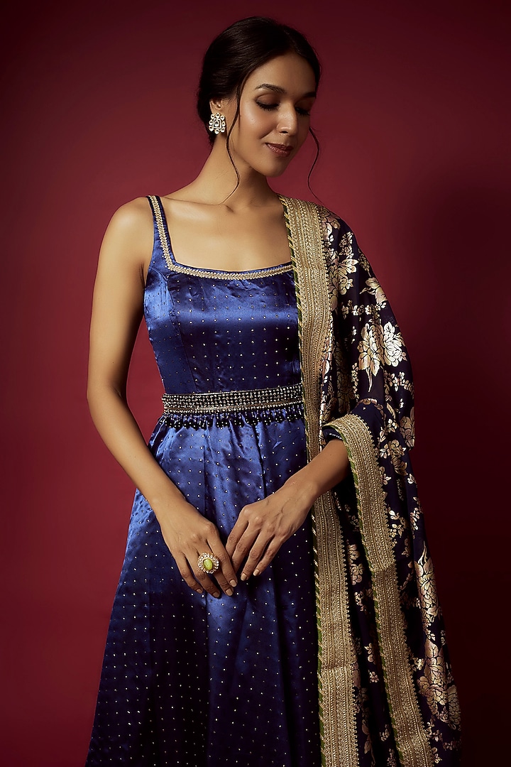 Navy Blue Recycled Polyester Foil Printed Gown With Dupatta For Girls by Phatakaa Mini at Pernia's Pop Up Shop