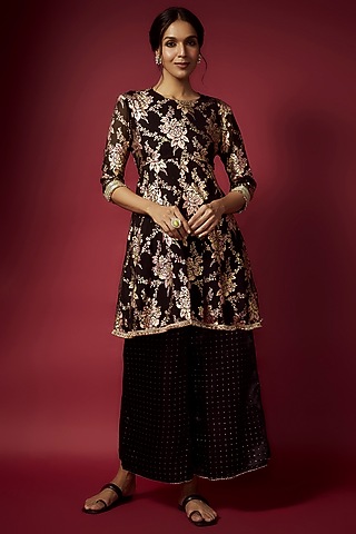 Black Recycled Polyester Foil Printed A-Line Kurta Set For Girls by Phatakaa Mini